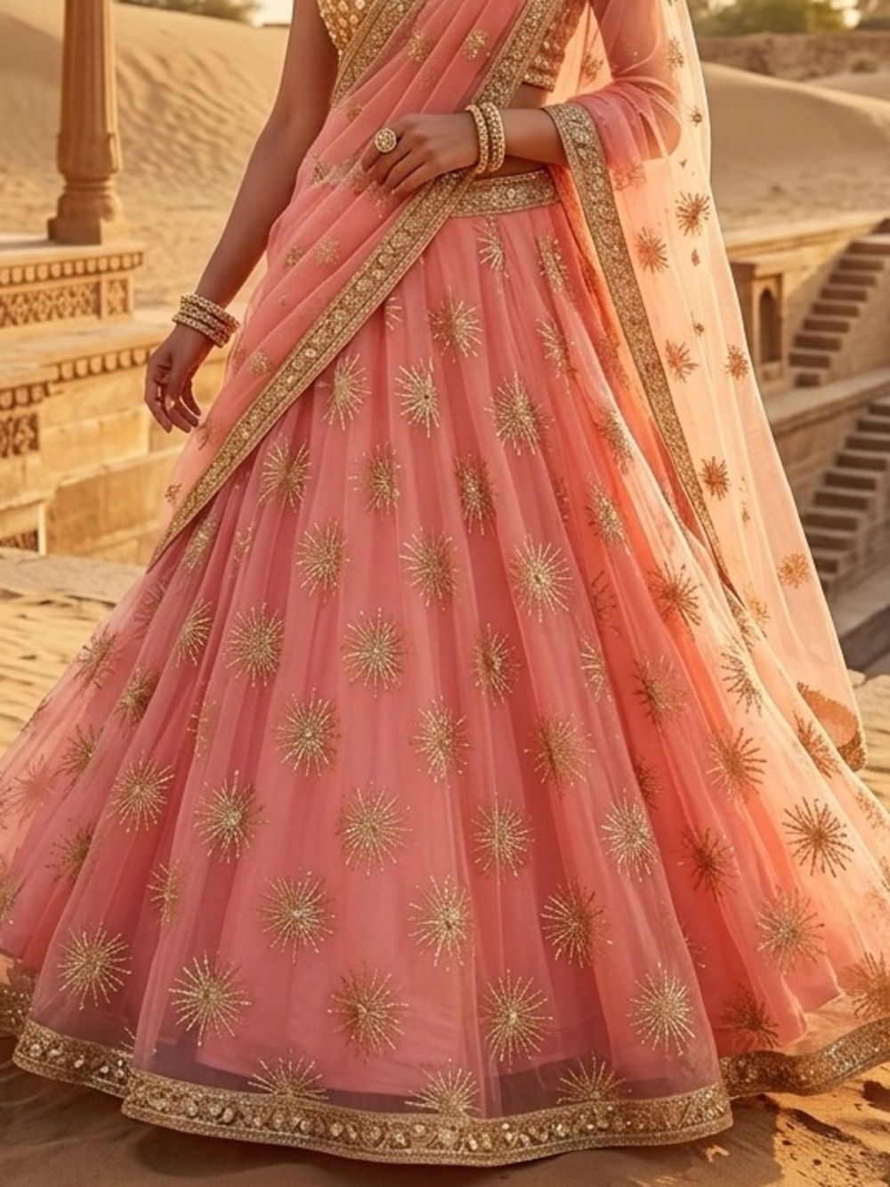 Embellished Peach Maxi Skirt with Gold Starburst Accents